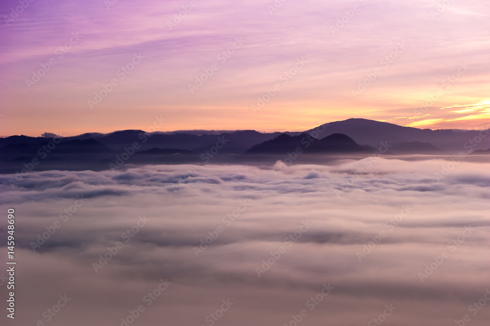 Sea of clouds and sunrise over the fores at pai in north of thailand