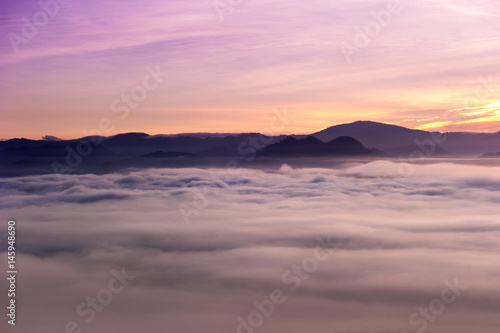 Sea of clouds and sunrise over the fores at pai in north of thailand