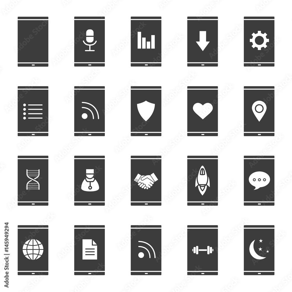 Smartphone apps glyph icons set Smartphone apps glyph icons set