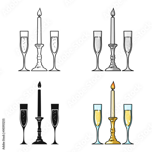 Candle between glasses with champagne icon in cartoon style isolated on white background. Restaurant symbol stock vector illustration.