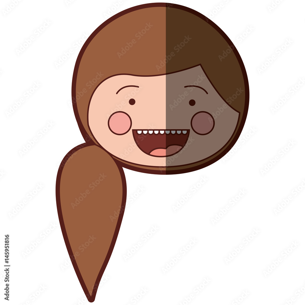 color silhouette shading smile expression cartoon front face woman with side ponytail hair vector illustration