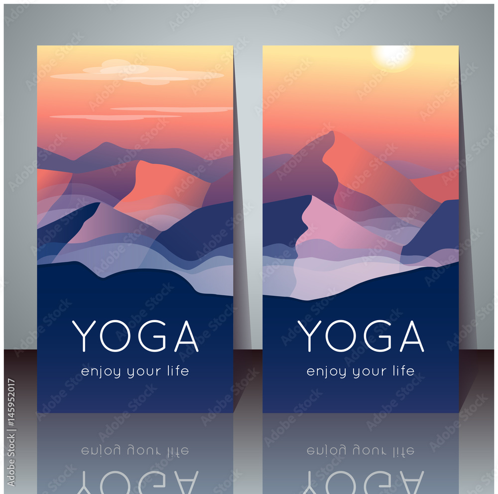 Vector yoga cards with evening mountain landscape and sample text for use as a template of banner, backdrop, poster, invitation for yoga center, studio or retreat.