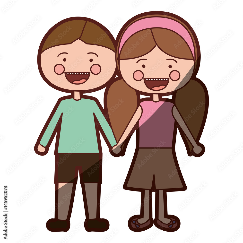 color silhouette shading smile expression cartoon brown boy hair and girl pigtails hairstyle with taken hands vector illustration