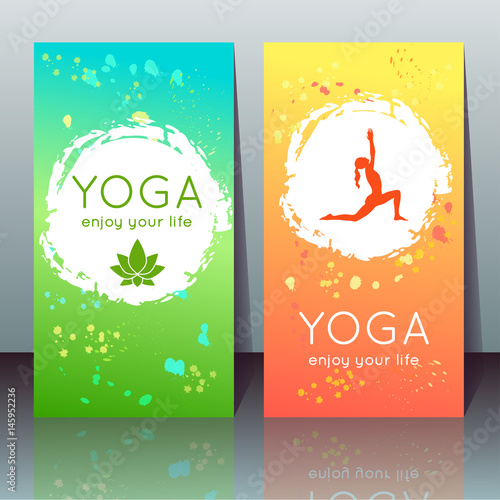 Vector yoga cards with girl in yoga pose, lotus and sample text on a gradient background for use as a template of banner, poster for Yoga day, invitation for yoga center, studio or retreat.