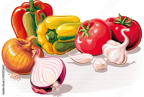 Composition with onion, garlic, tomatoes and peppers.