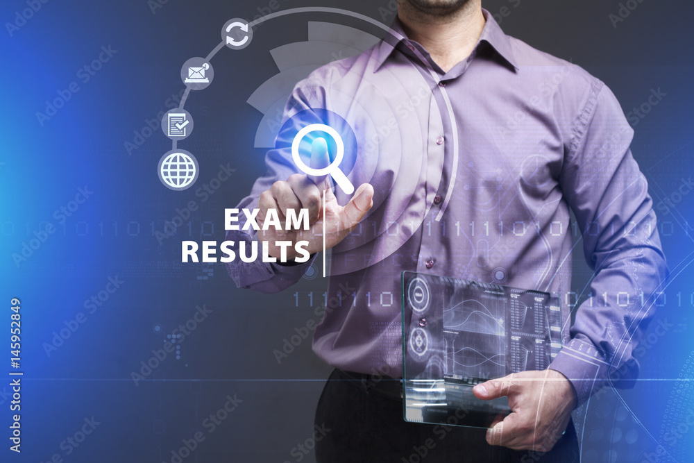 Business, Technology, Internet and network concept. Young businessman working on a virtual screen of the future and sees the inscription: Exam results Business, Technology, Internet and network concept. Young businessman working on a virtual screen of the future and sees the inscription: Exam results