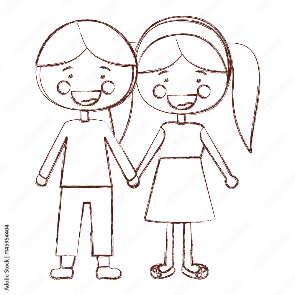 blurred contour shading smile expression cartoon boy hair and girl pigtails hairstyle with taken hands vector illustration blurred contour shading smile expression cartoon boy hair and girl pigtails hairstyle with taken hands vector illustration