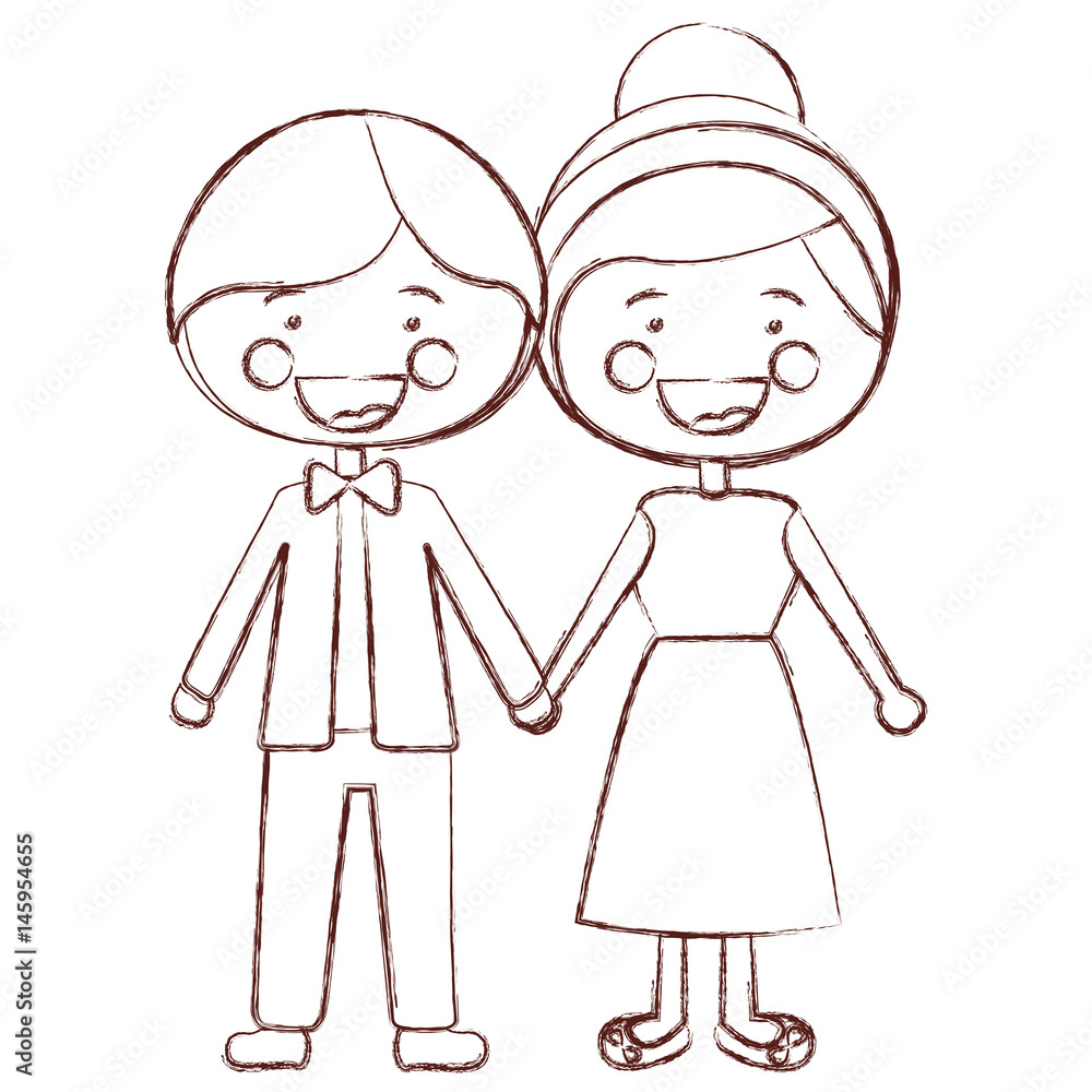 blurred contour shading smile expression cartoon guy and girl collected hairstyle with taken hands vector illustration blurred contour shading smile expression cartoon guy and girl collected hairstyle with taken hands vector illustration