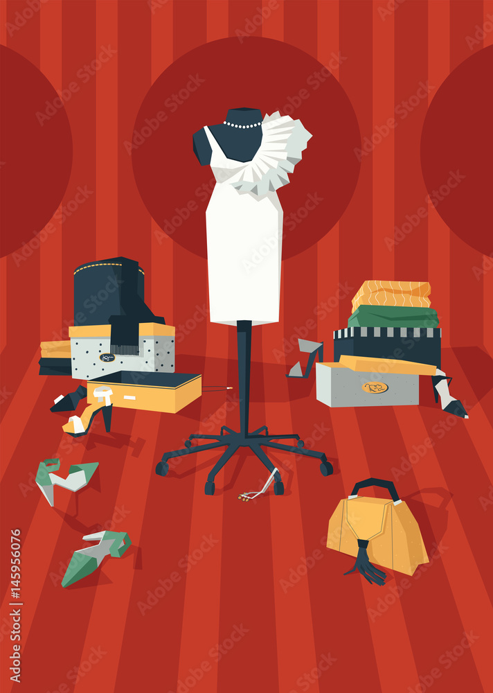 Vertical vector illustration with interior of woman wardrobe with dress on mannequin, drawn in geometric style graphic. Stylish fashion room with mess of shoes, boxes, bijouterie and clothing on red