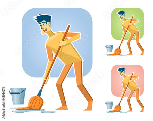 Illustration of a paper man washing floor, cleaning, mopping. Simple vector illustration