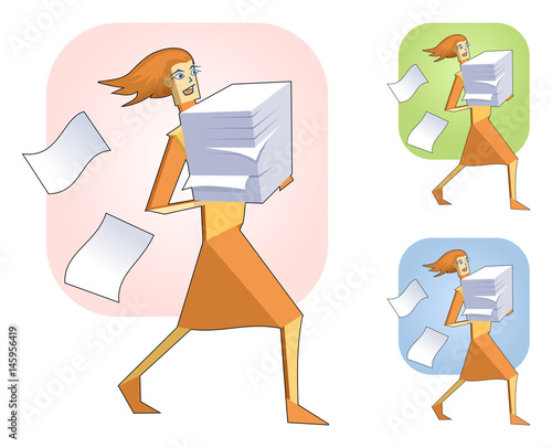 Illustration of paper woman walking and holding big stack of papers. Office worker, clerk, secretary. Simple vector illustration