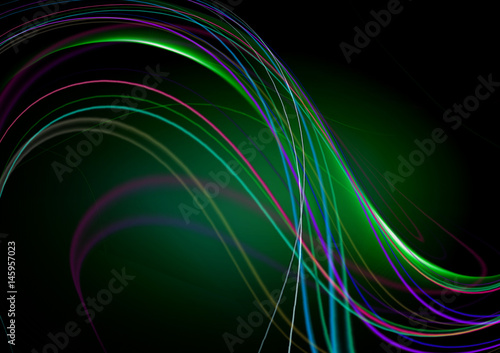 Abstract black background with green back lit with falling wavy colored strips 