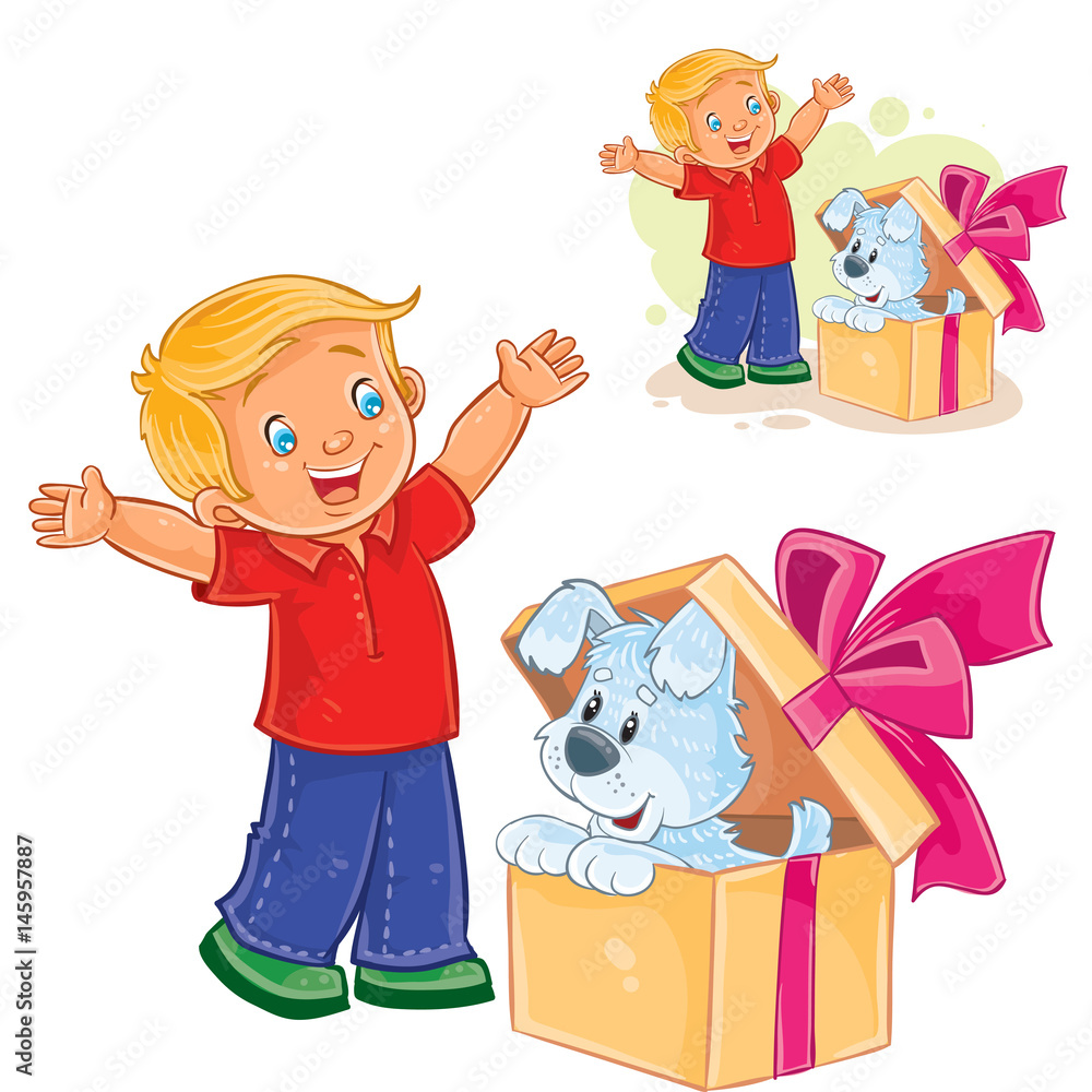 Vector illustration of a little boy opened a gift box and saw a puppy sitting there. Print
