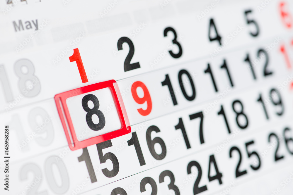 Calendar 8 May close-up, shallow dof Calendar 8 May close-up, shallow dof
