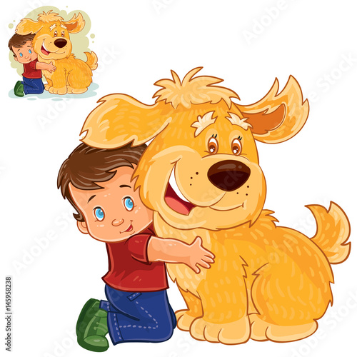 Vector illustration of a little boy sitting on his lap next to a big dog and hugging his hands. Print