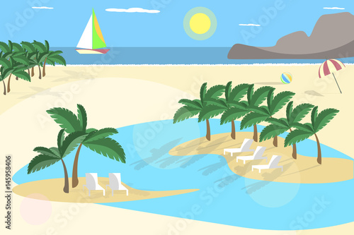 Summer holidays background in flat design. Tropical island with palm and ocean landscape.