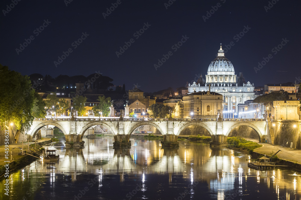 Vatican City, Rome, Italy, Beautiful Vibrant Night image Panorama of St. Peter's Basilica, Ponte St. Angelo and Tiber River