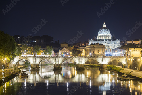 Vatican City, Rome, Italy, Beautiful Vibrant Night image Panorama of St. Peter's Basilica, Ponte St. Angelo and Tiber River