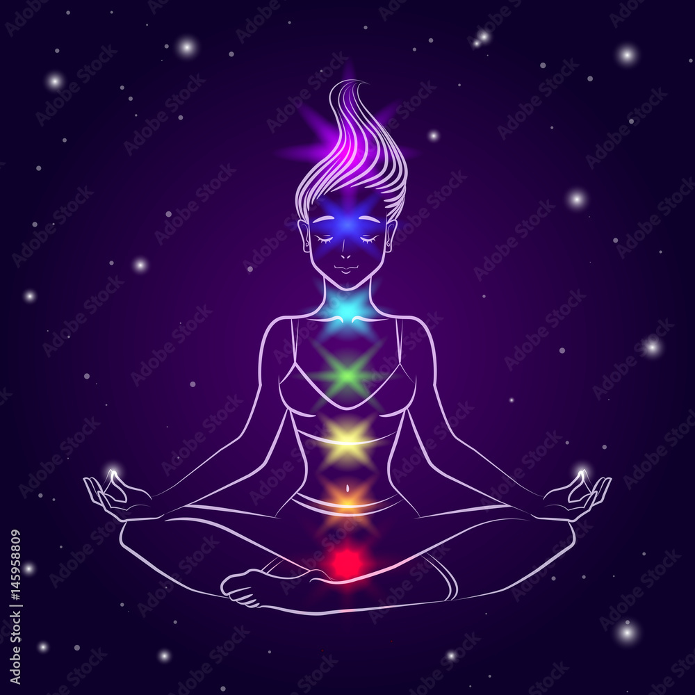 Vector illustration of a young woman in lotus pose with highlighted chakra colors. Line art Vector illustration of a young woman in lotus pose with highlighted chakra colors. Line art