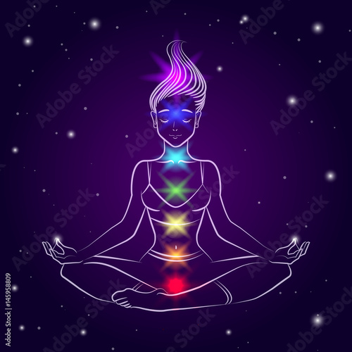 Vector illustration of a young woman in lotus pose with highlighted chakra colors. Line art