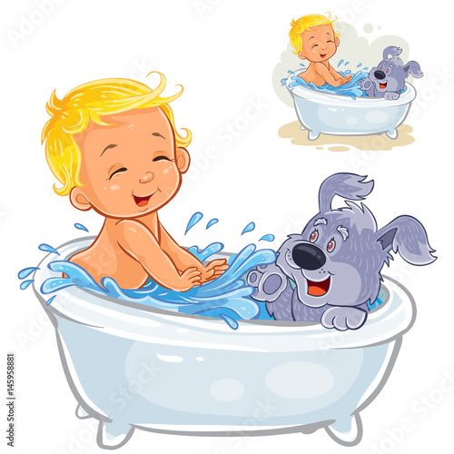 Vector illustration of a little baby taking a bath with his dog and sprinkling water on it. Print