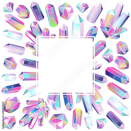 Crystals square frame. Multicolored gradient colorful gem stones. Vector illustration.