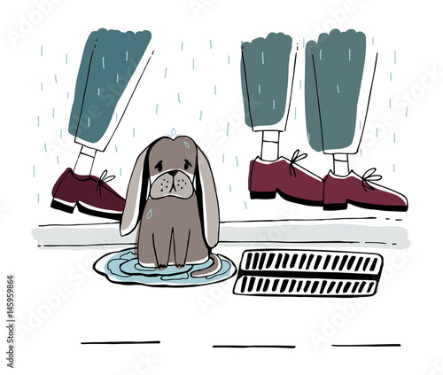 The stray dog at street. Homeless puppy with sad look under rain. Hand drawn vector illustration.