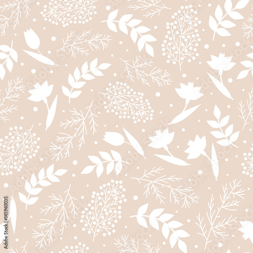 Vintage floral seamless pattern. White silhouettes flowers, leafs, branches on almond color background. Vector illustration.