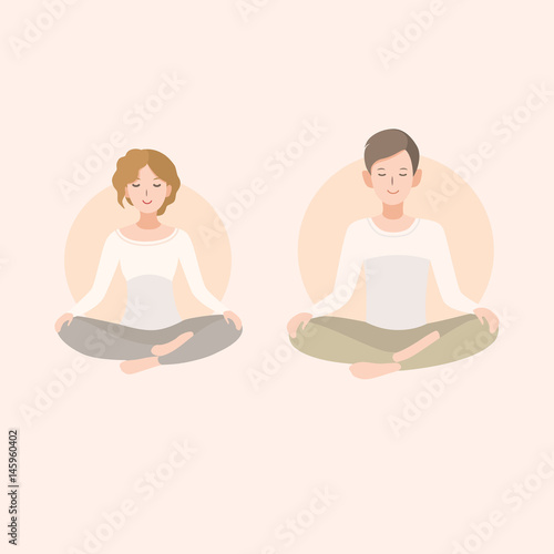 Young woman and man couple meditating in lotus pose. Relaxation, isolated people illustration.