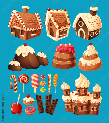 Vector 3D cartoon icons of sweets gingerbread houses, cake castles, chocolate, various lollipops to create your own graphic design. Elements of design for games