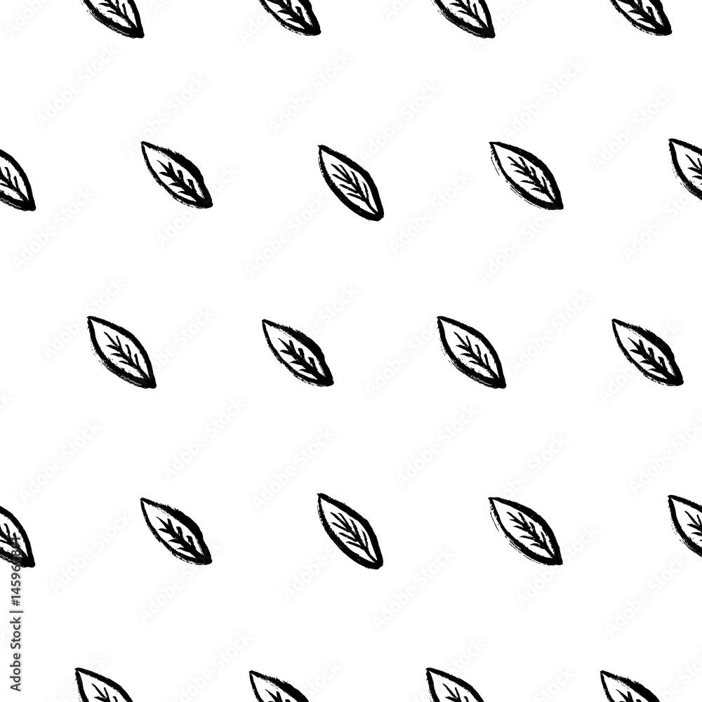 Doodle seamless pattern with hand drawn leaves. Diagonal sparce cute ink black leafs on white background. Vector illustration Doodle seamless pattern with hand drawn leaves. Diagonal sparce cute ink black leafs on white background. Vector illustration