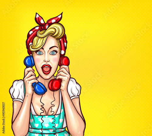 Vector pop art illustration of an excited surprised blond woman with a two telephone receiver in her hand. Excellent advertising poster with the announcement of discounts and sales