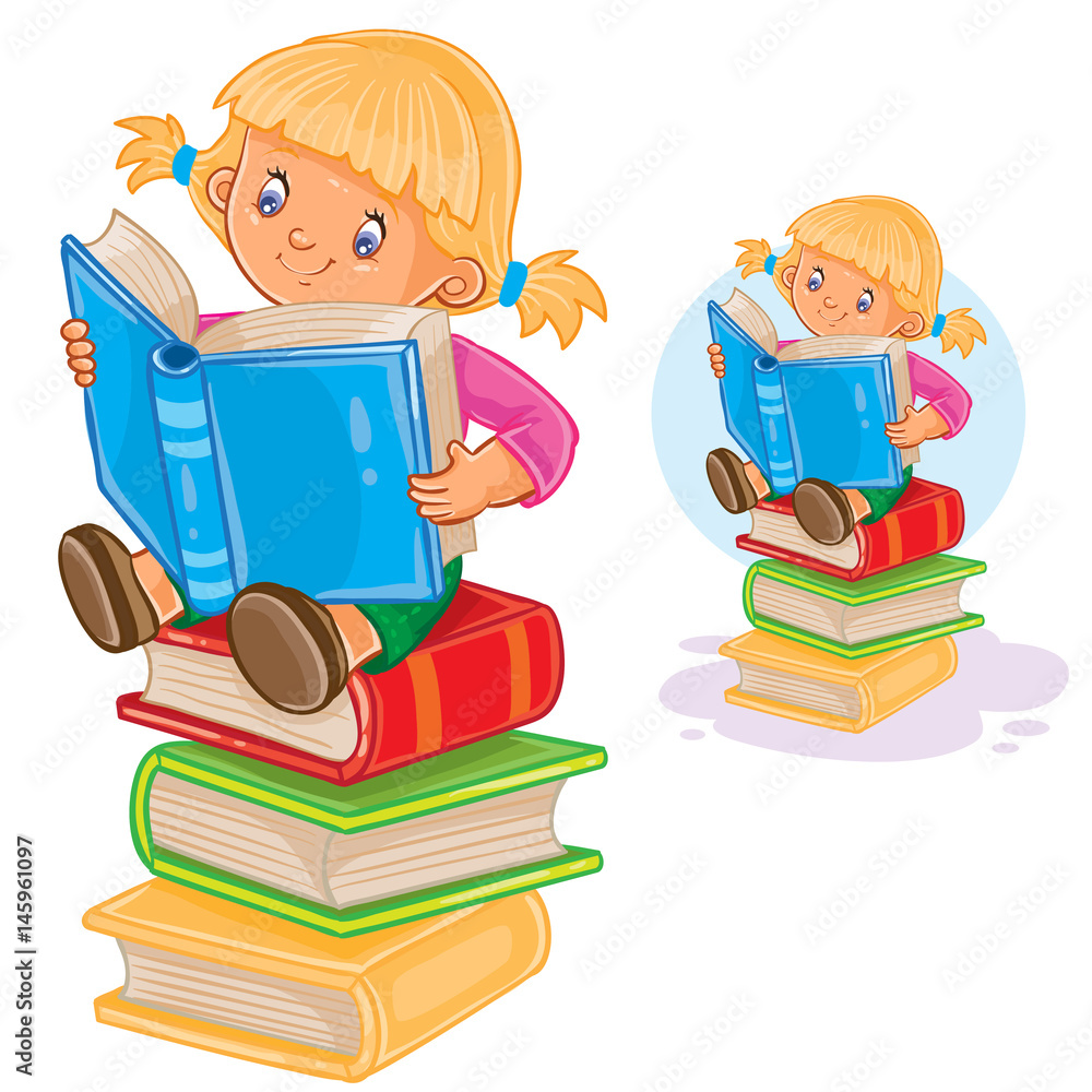 Vector illustration of a little girl is sitting on a pile of books and reading another book. Print Vector illustration of a little girl is sitting on a pile of books and reading another book. Print