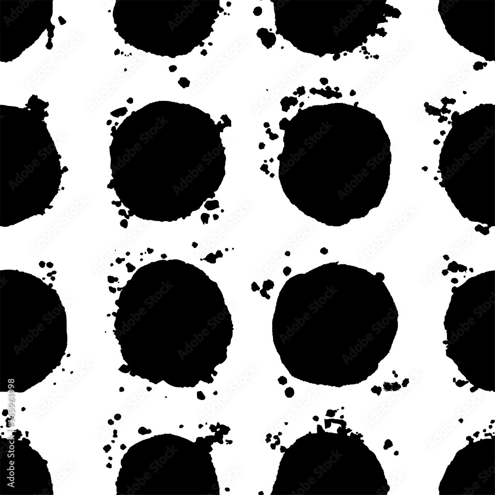 Abstract black and white retro seamless background. Hand drawn big black ink polka dot pattern with splashes. Vector illustration. Abstract black and white retro seamless background. Hand drawn big black ink polka dot pattern with splashes. Vector illustration.