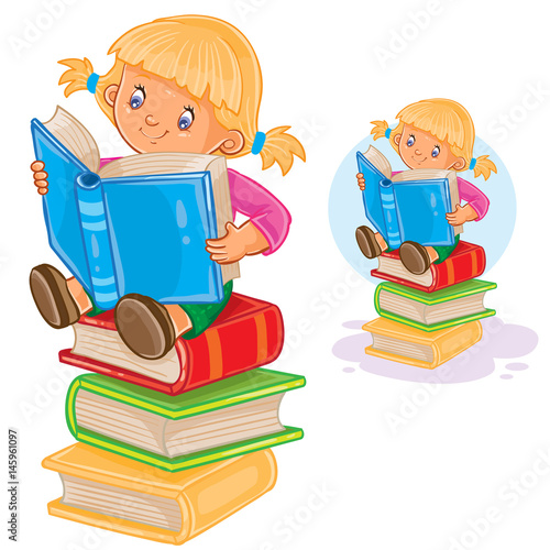 Vector illustration of a little girl is sitting on a pile of books and reading another book. Print