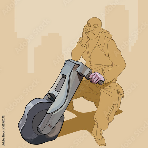 cartoon pensive man sitting on a wooden motorcycle