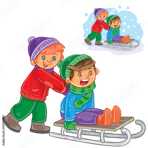 Vector winter illustration two boys friends ride a sled. Print
