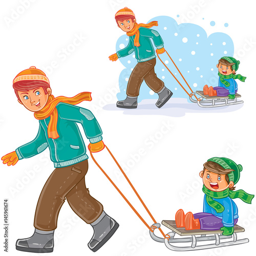 Vector winter illustration of dad, older brother dragging sled with little boy. Print