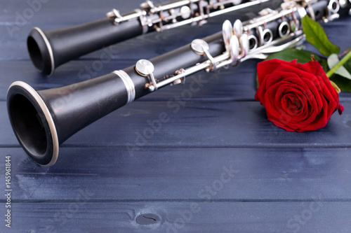 Clarinet and oboe on blue wooden background..Free space for text.