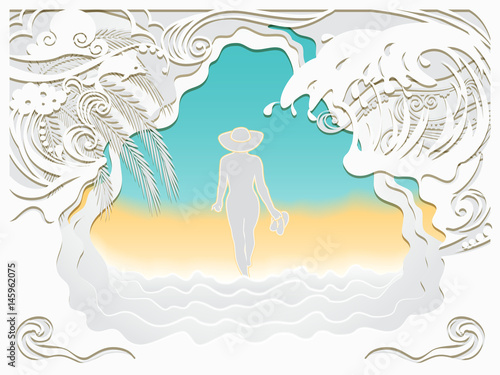 Paper art carving of sea wave  Dolphin and beach.The girl in the hat walks along the sea sandy beach.Summer vacation background.