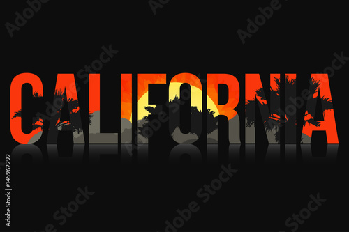 Californian landscape with palms and sun. Lettering "California" with palms, mountains, sunset inside. Vector