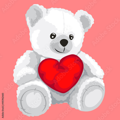 White toy bear with red heart in cartoon style