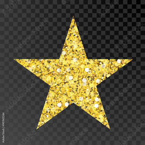 Gold glitter vector star. Golden sparcle star on black transparent background. Amber particles.