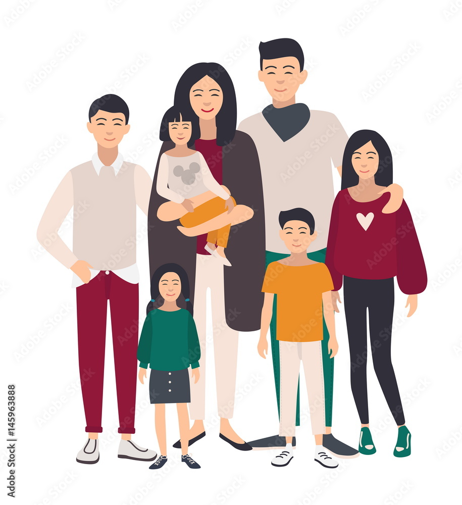 Large family portrait. Asian mother, father and five children. Happy people with relatives. Colorful flat illustration.