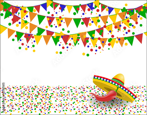 Cinco de Mayo. Red pepper in the shadow of a sombrero. Confetti. illustration