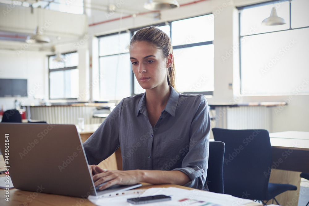 Young woman working in an office using a laptop computer Young woman working in an office using a laptop computer