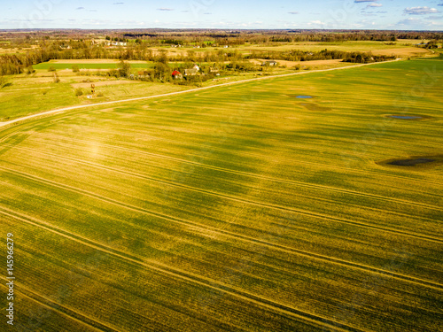 drone image. aerial view of rural area with freshly cultivated fields