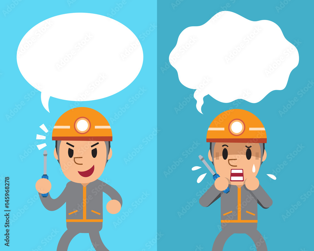 Cartoon a technician expressing different emotions with white speech bubbles