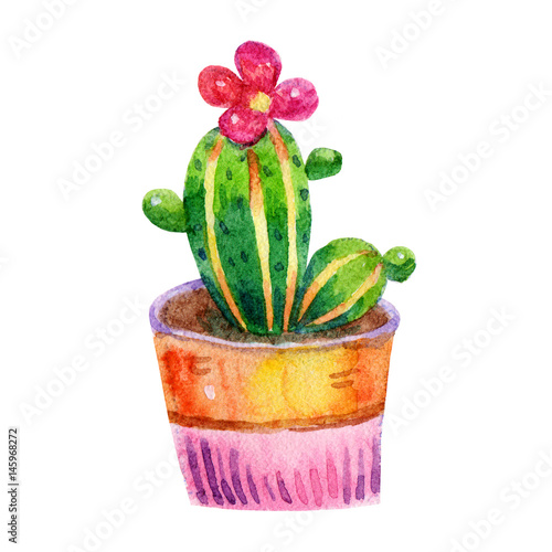 Cartoon watercolor cactus illustration isolated on white background.Abstract Succulent Hand drawing image.Children's style,holiday,birthday,vintage,greeting cards,artwork for textiles.