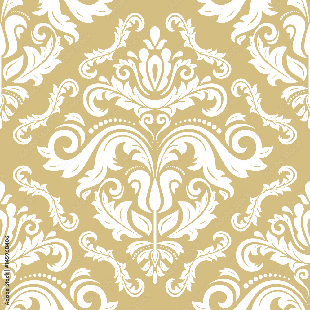 Damask classic white and golden pattern. Seamless abstract background with repeating elements